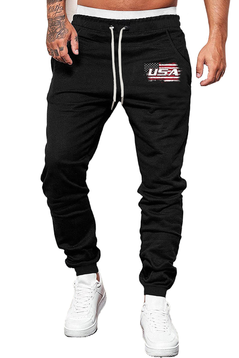 Black USA Flag Print Pocket Drawstring Waist Men's Sweatpants Men's Pants JT's Designer Fashion