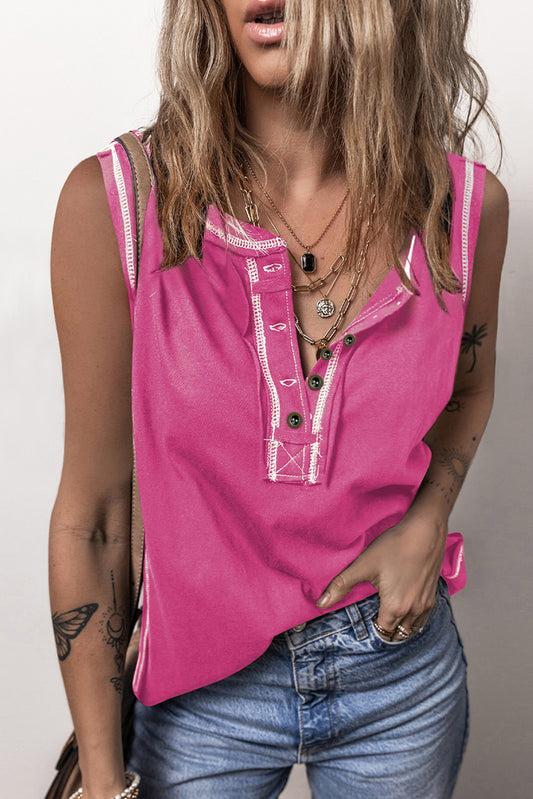 Bright Pink Contrast Stitching Exposed Seam Henley Tank Top