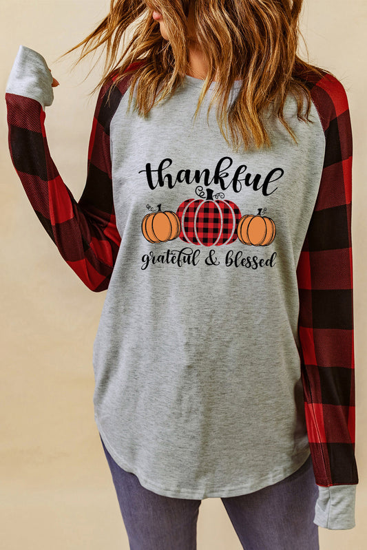 Gray Thankful Letter Pumpkin Print Plaid Color Block Top Graphic Sweatshirts JT's Designer Fashion