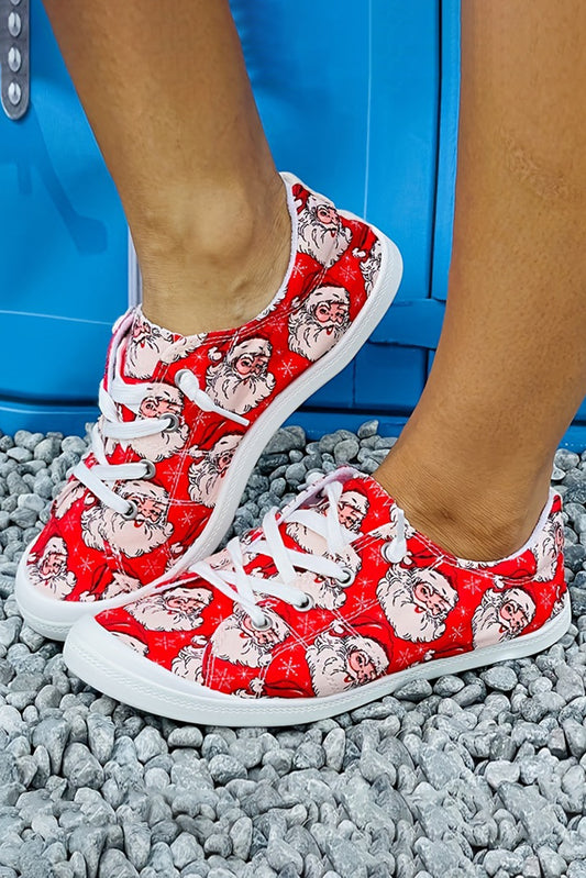 Fiery Red Santa Claus Printed Stitching Detail Flat Shoes Women's Shoes JT's Designer Fashion