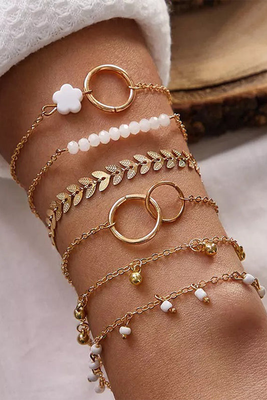 Gold 6PCS Floral Beading Leaf Bracelets Set Jewelry JT's Designer Fashion