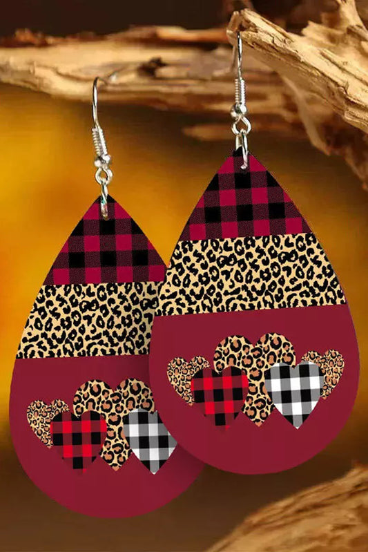 Fiery Red Plaid Leopard Print Waterdrop Dangle Earrings Jewelry JT's Designer Fashion