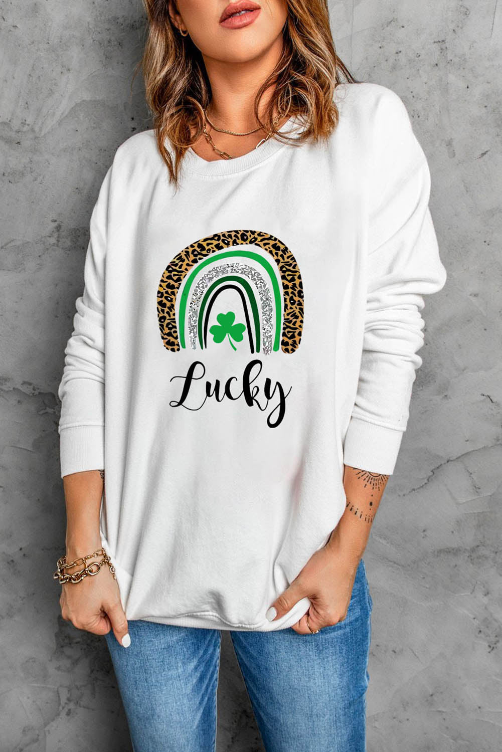 White St. Patrick's Day Lucky Clover Print Graphic Sweatshirt Graphic Sweatshirts JT's Designer Fashion