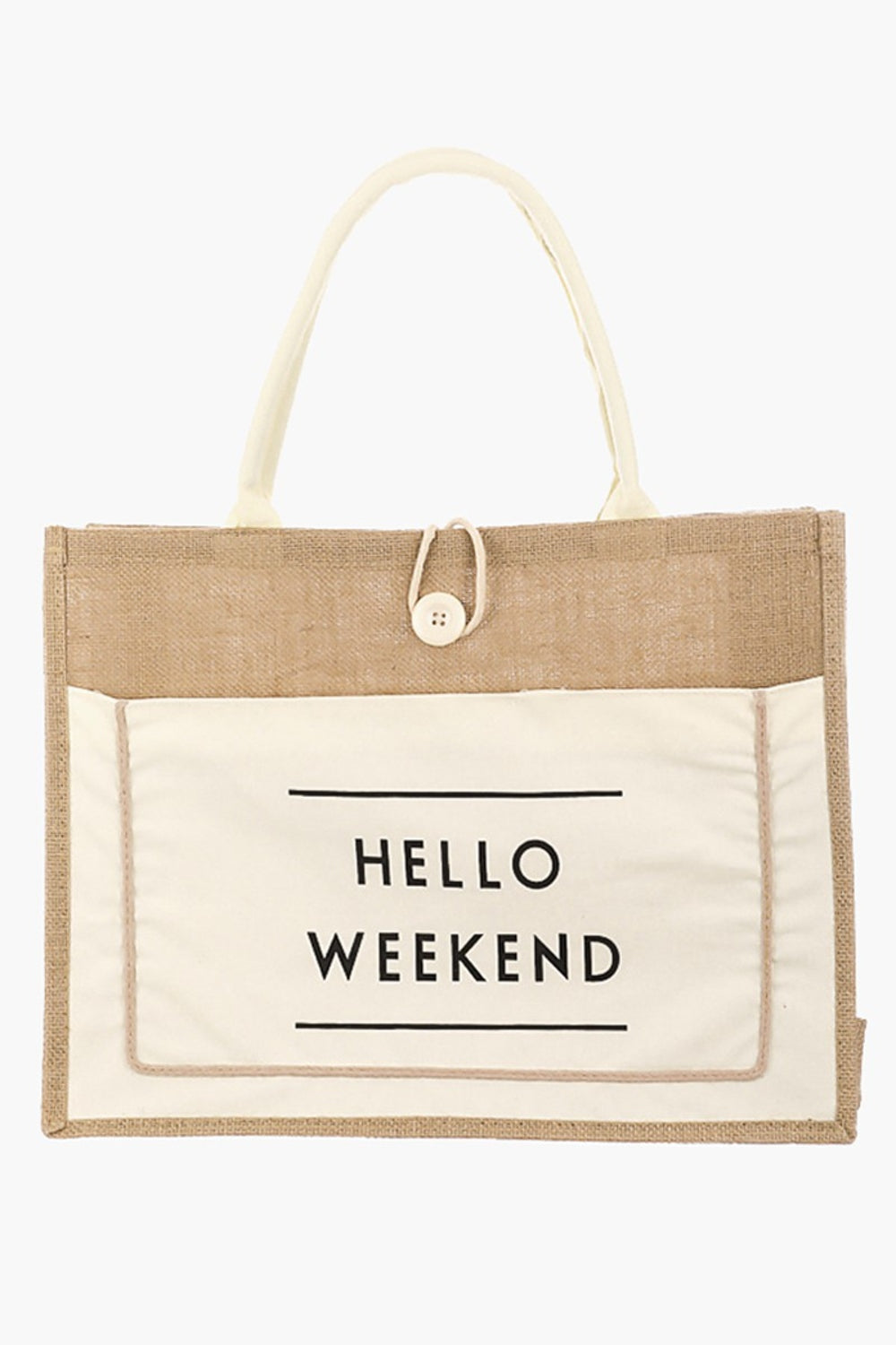 Fame Hello Weekend Burlap Tote Bag Ivory One Size Bags JT's Designer Fashion