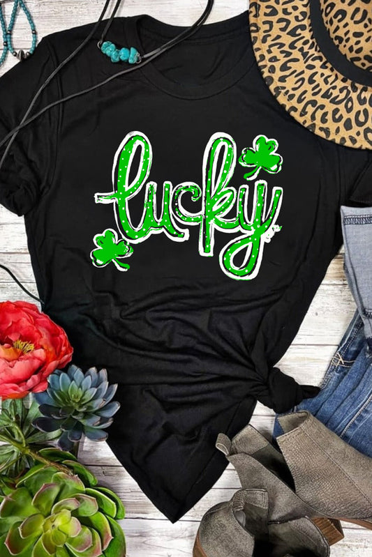 Black St. Patricks Lucky Clover Print O Neck T Shirt Graphic Tees JT's Designer Fashion