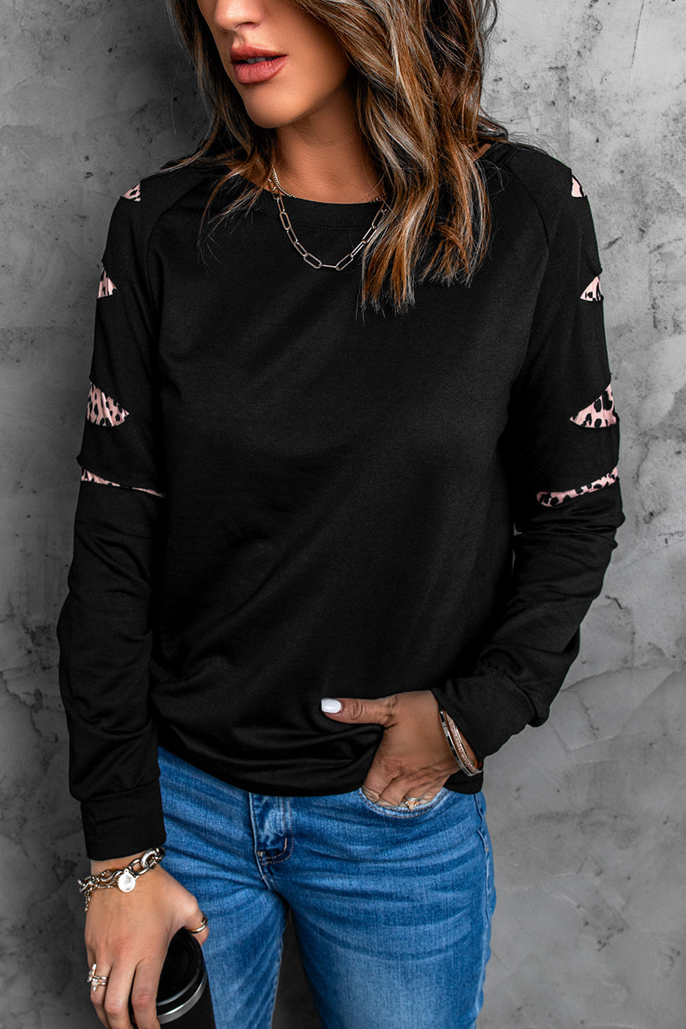 Leopard Insert Black Sweatshirt Sweatshirts & Hoodies JT's Designer Fashion