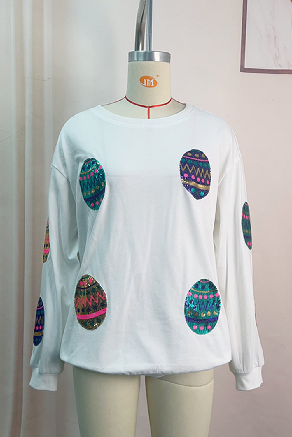 White Sequined Easter Egg Drop Shoulder Oversized Sweatshirt Sweatshirts & Hoodies JT's Designer Fashion