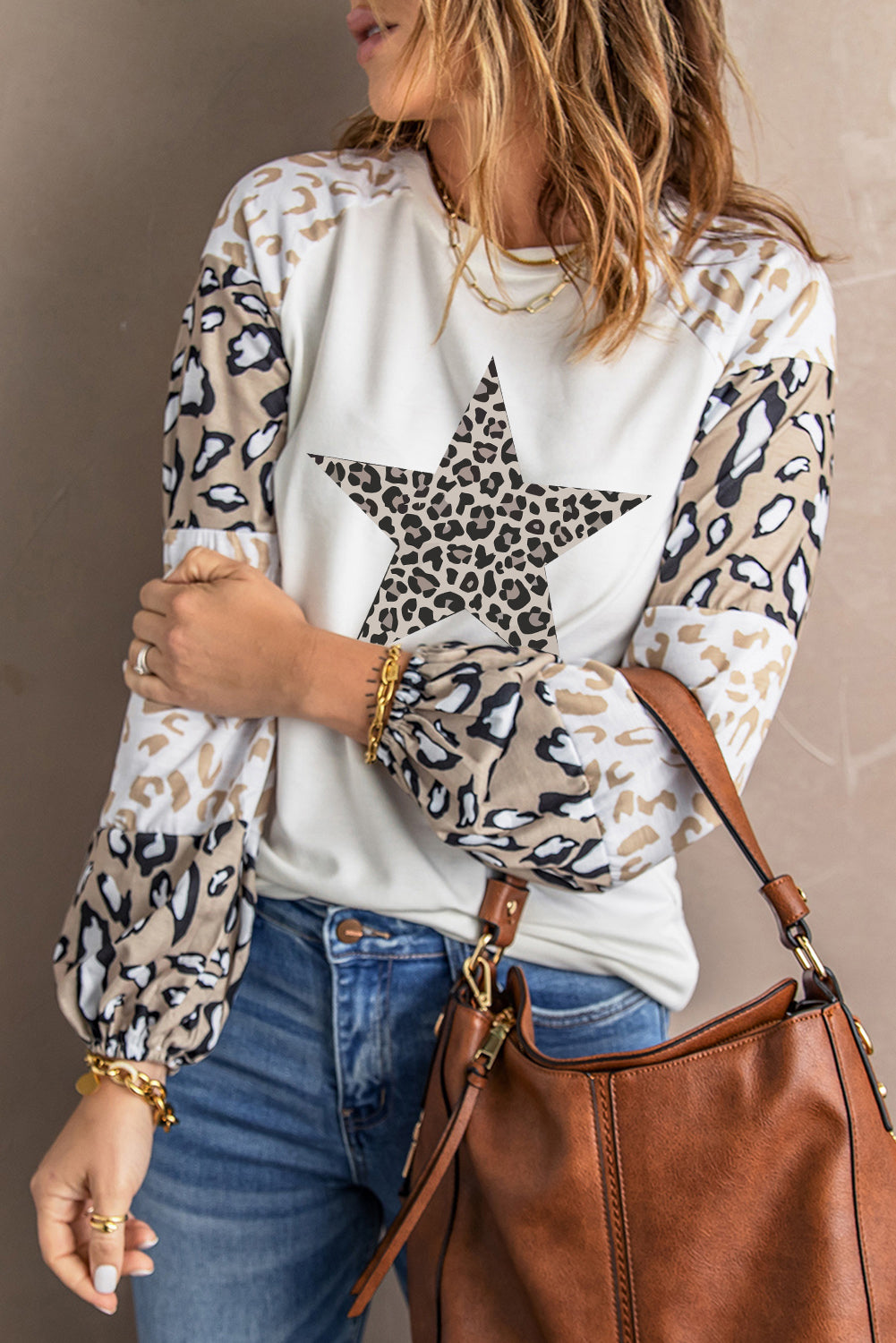 Star Leopard Color Block Long Sleeve Top Graphic Sweatshirts JT's Designer Fashion