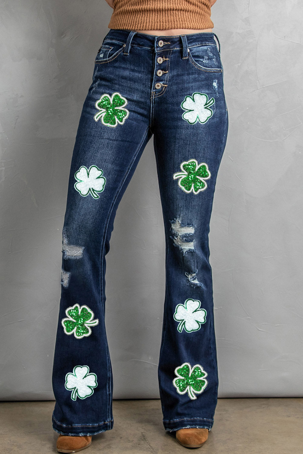 Blue St. Patricks Clover Sequin Patched Frayed Flare Jeans Graphic Pants JT's Designer Fashion