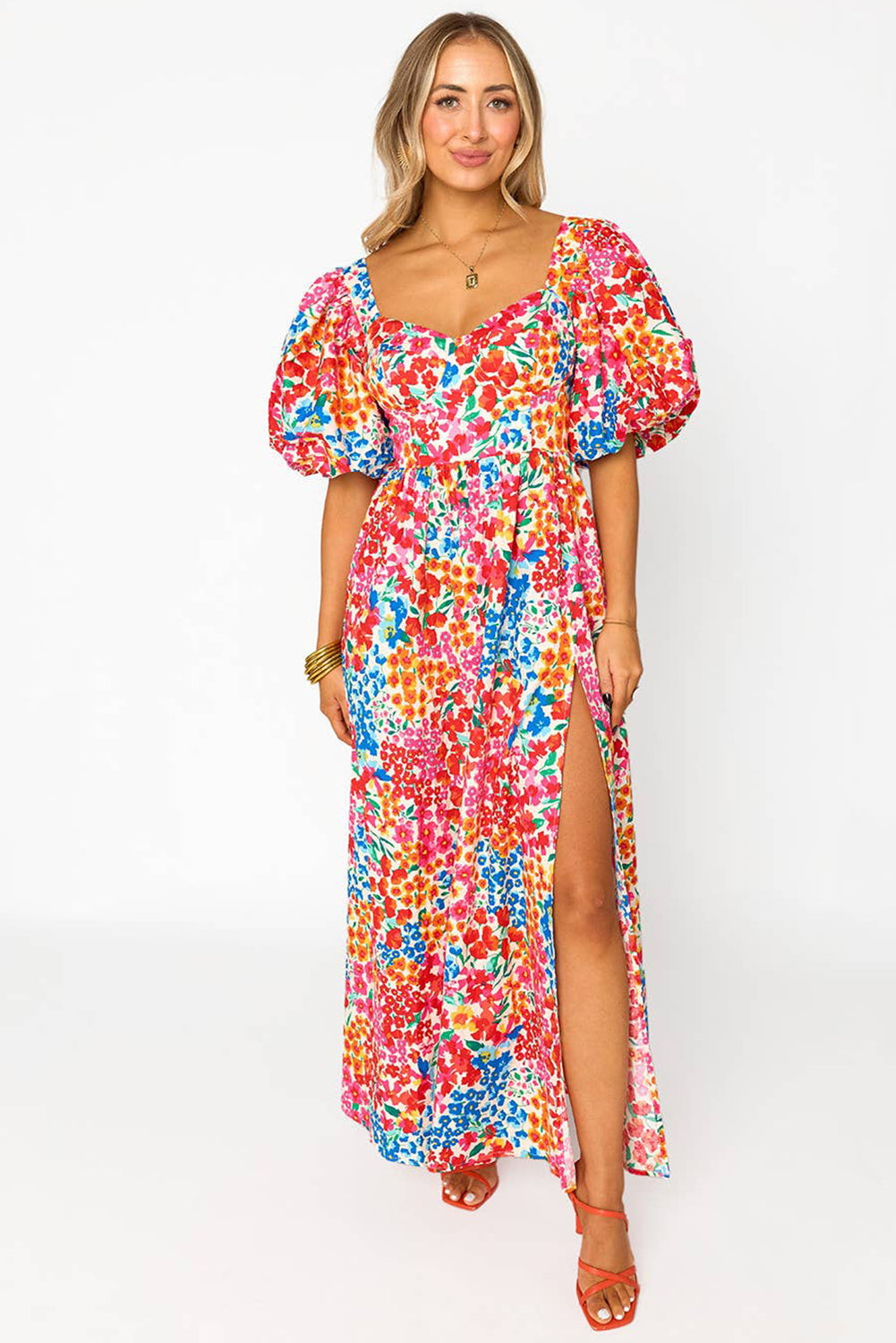 Rose Puff Sleeve Thigh High Split Floral Maxi Dress Pre Order Dresses JT's Designer Fashion