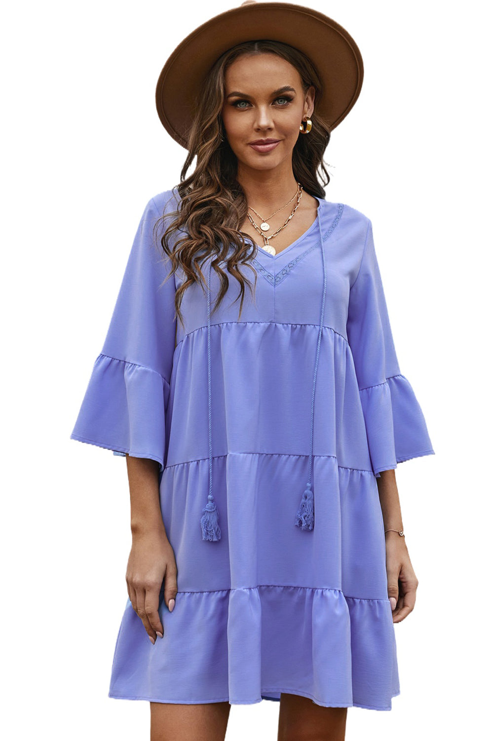 Sky Blue Cotton Tiered Babydoll Tunic Dress Mini Dresses JT's Designer Fashion