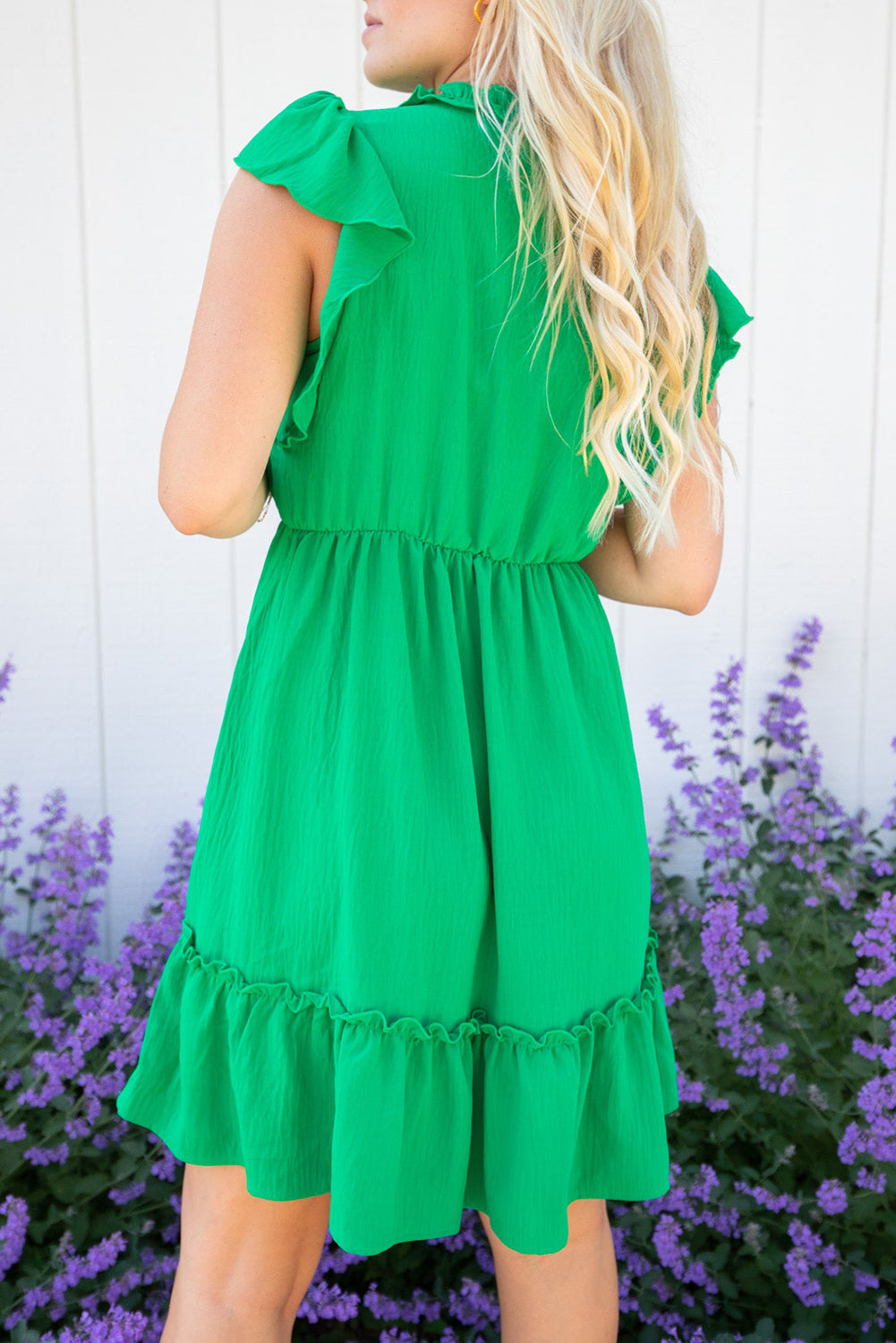 Bright Green Tie Split Neck Frilly Ruffle Trim Plus Size Dress Pre Order Plus Size JT's Designer Fashion