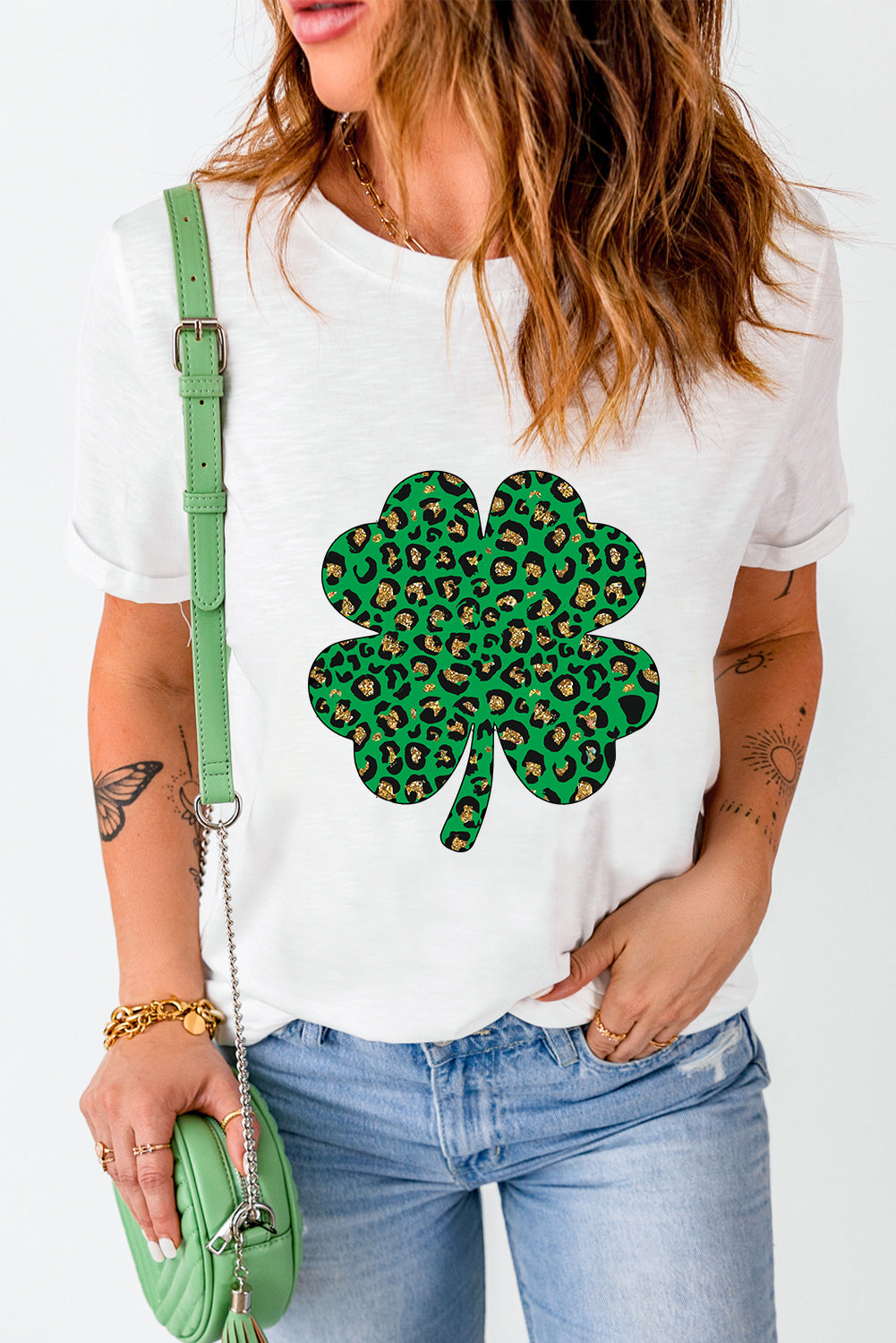 White Leopard Four Leaf Clover Graphic Tee Graphic Tees JT's Designer Fashion