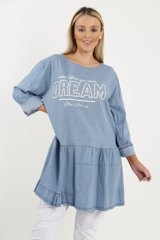 Ladies Follow Your Dream Denim Tiered Mini Smock Dress One Size Powder Blue Mini Dresses JT's Designer Fashion