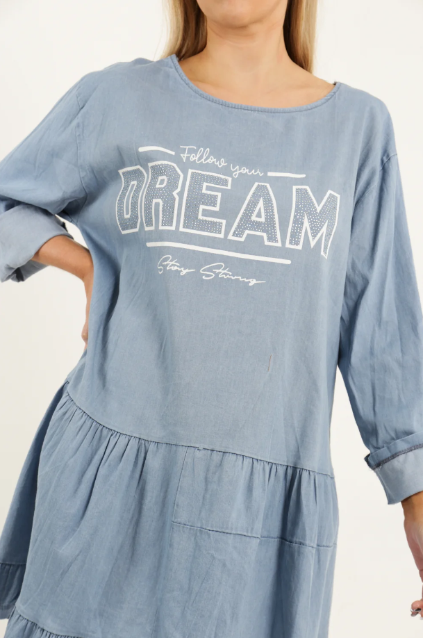 Ladies Follow Your Dream Denim Tiered Mini Smock Dress Mini Dresses JT's Designer Fashion