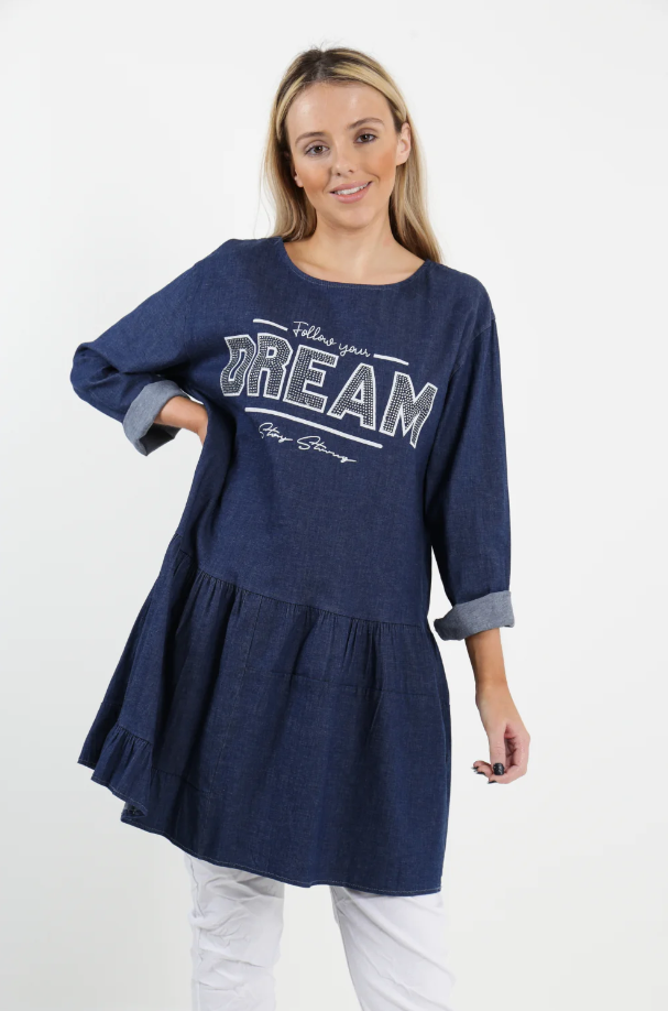 Ladies Follow Your Dream Denim Tiered Mini Smock Dress One Size Navy Blue Mini Dresses JT's Designer Fashion