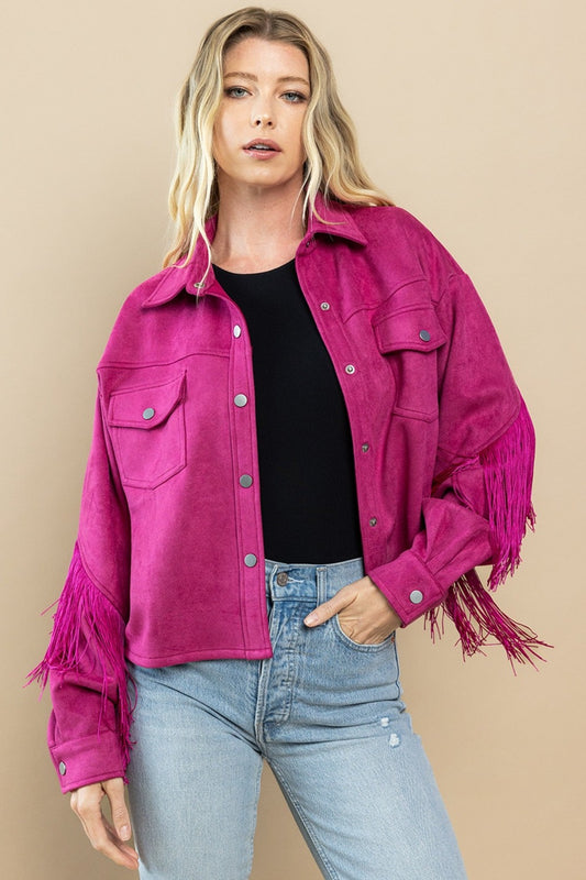 Barbie Style Pink Flap Pocket Button Sleeve Fringe Jacket Outerwear JT's Designer Fashion
