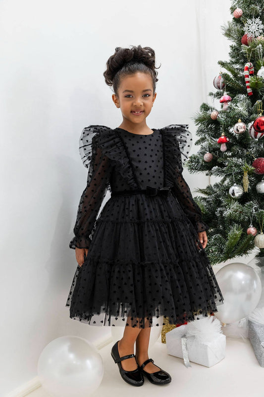 Girls Black Heart Long Sleeve Christmas Ruffled Tulle Dress Girls Dresses JT's Designer Fashion