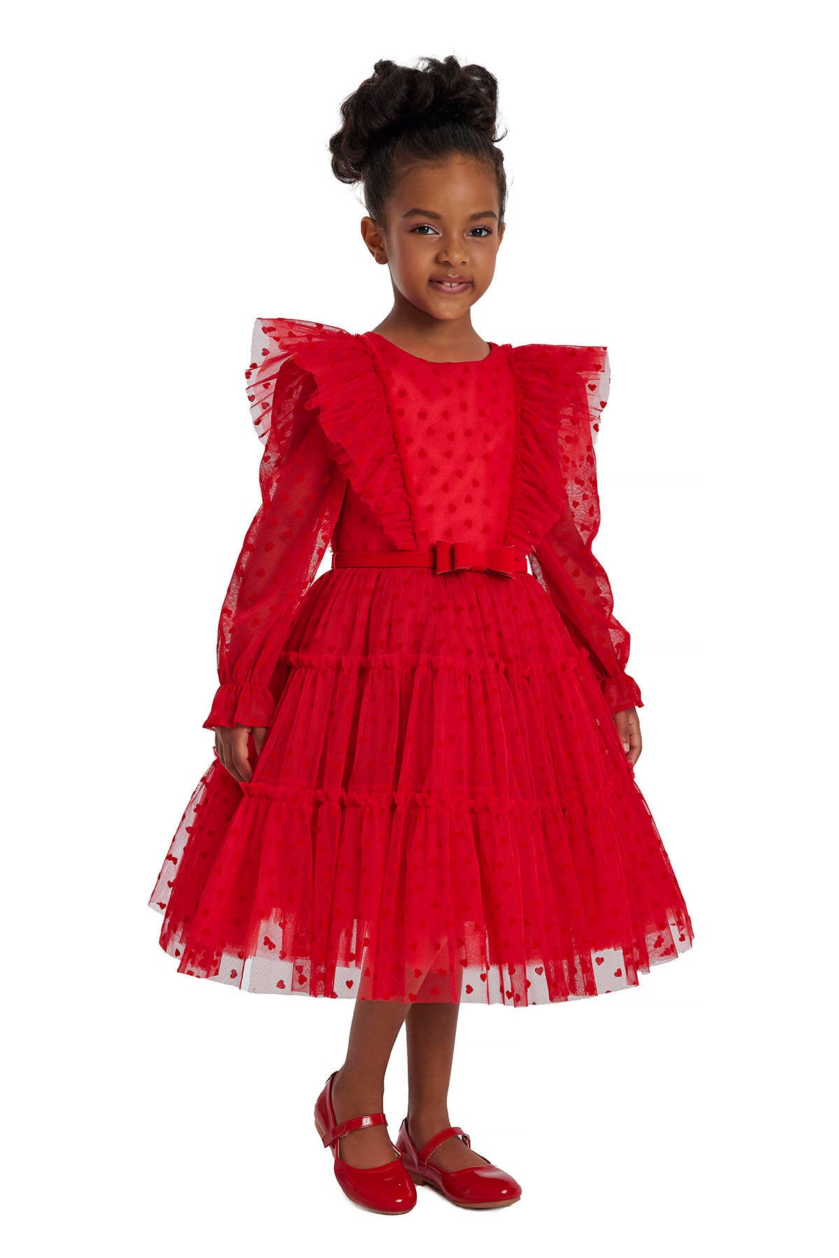 Girls Red Heart Long Sleeve Christmas Ruffled Tulle Dress Girls Dresses JT's Designer Fashion