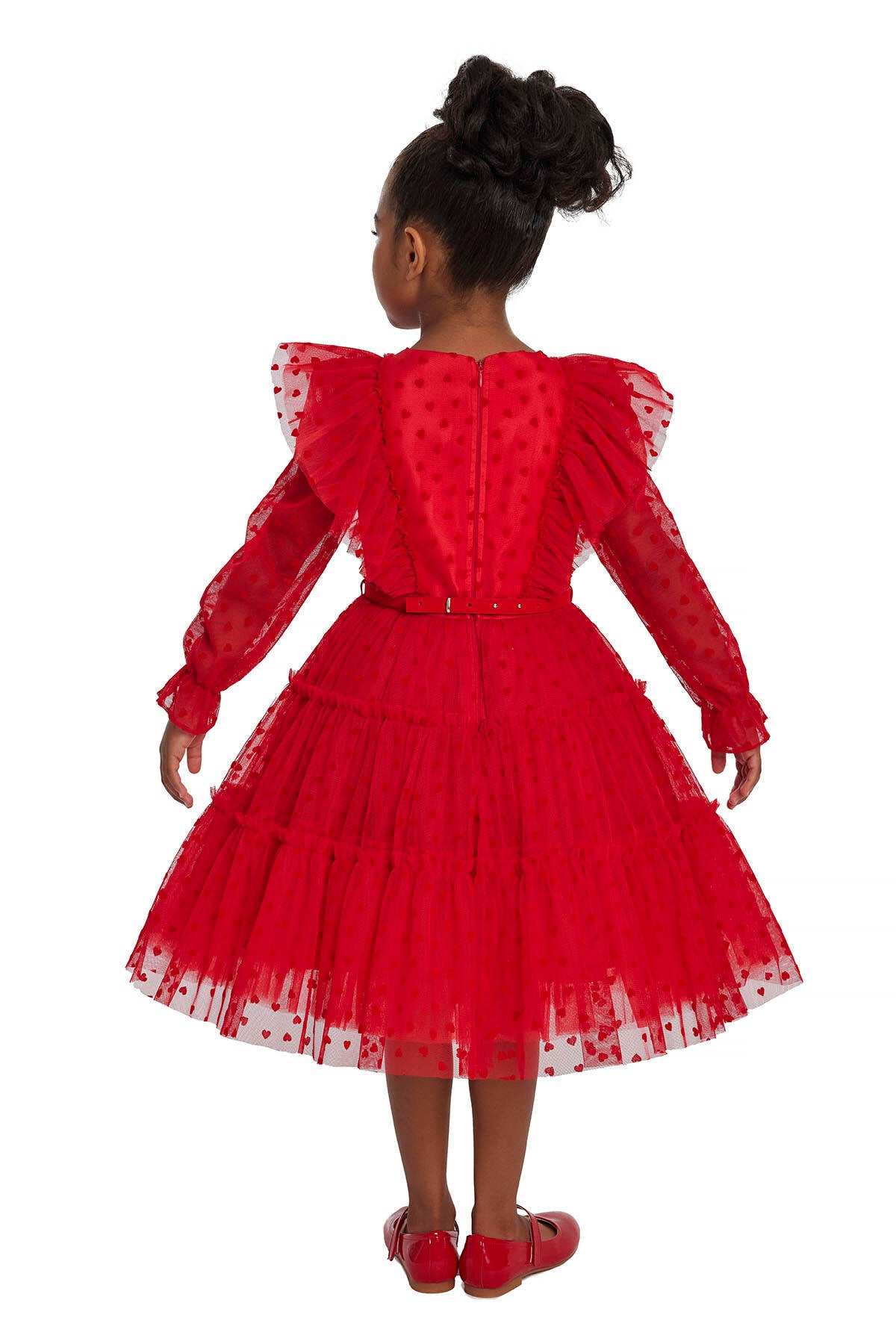 Girls Red Heart Long Sleeve Christmas Ruffled Tulle Dress Girls Dresses JT's Designer Fashion