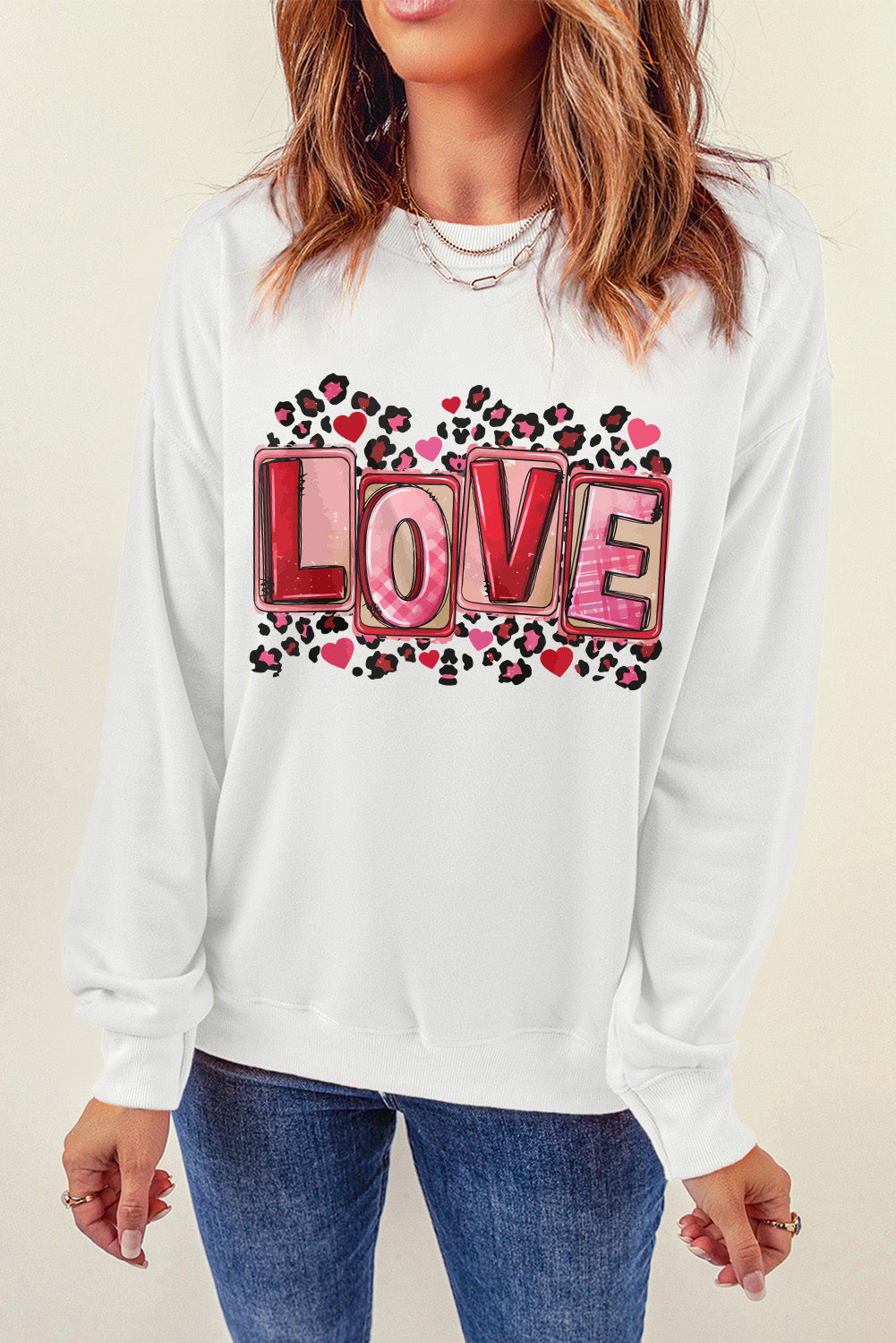 Beige LOVE Leopard Graphic Crew Neck Sweatshirt Graphic Sweatshirts JT's Designer Fashion