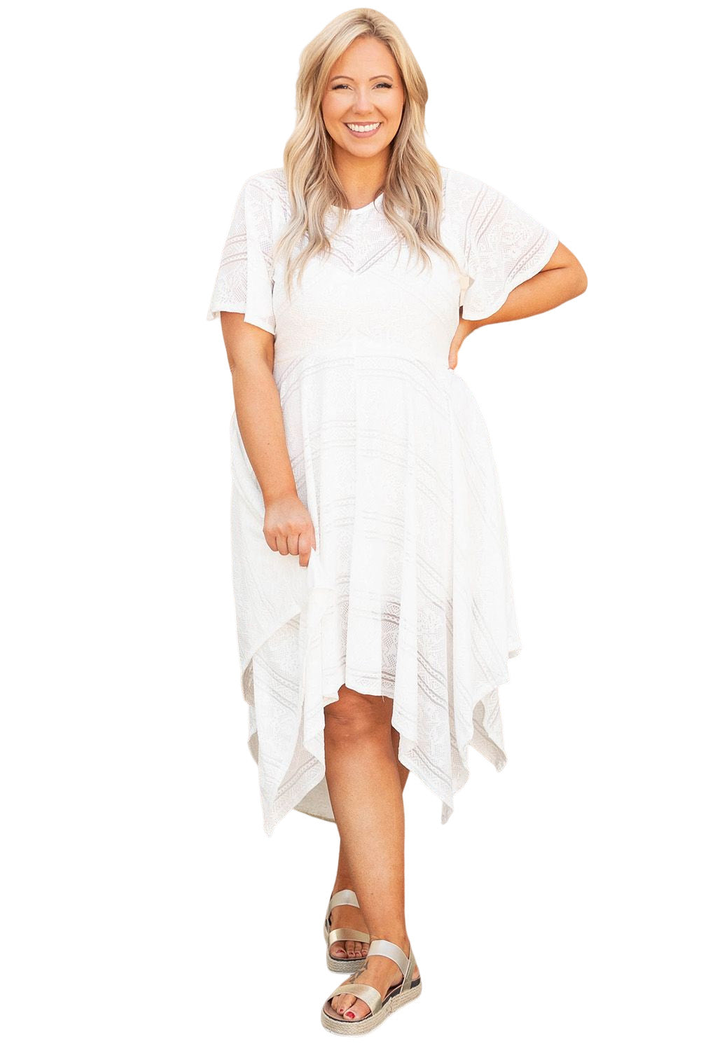 White Plus Size Lace Striped Texture Handkerchief Hem Dress Plus Size Dresses JT's Designer Fashion