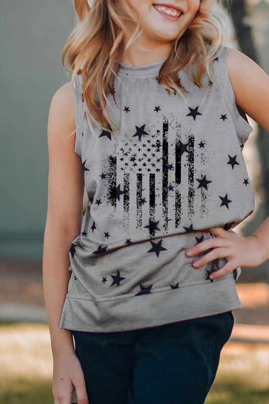 Gray Family Matching American Flag Printed Crew Neck Girl's Tank Top Gray 95%Polyester+5%Spandex Family T-shirts JT's Designer Fashion
