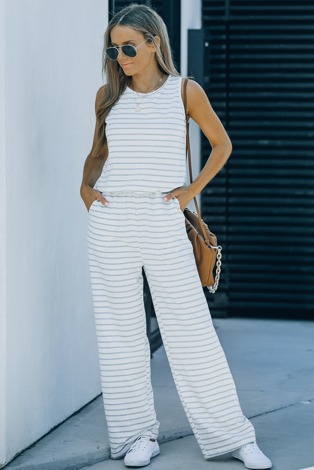 White Striped Print Pocketed Sleeveless Jumpsuit Jumpsuits & Rompers JT's Designer Fashion