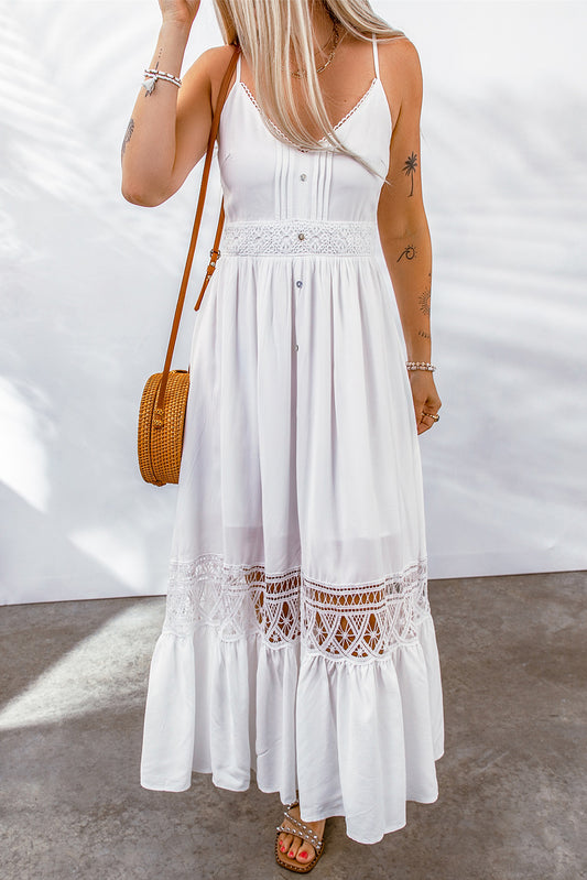 White Lace Splice Button Decor Spaghetti Strap Maxi Dress White 100%Polyester Maxi Dresses JT's Designer Fashion