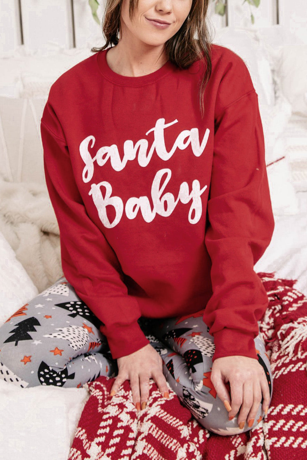Fiery Red Santa Baby Print Crew Neck Pullover Sweatshirt Red-2 70%Polyester+30%Cotton Graphic Sweatshirts JT's Designer Fashion