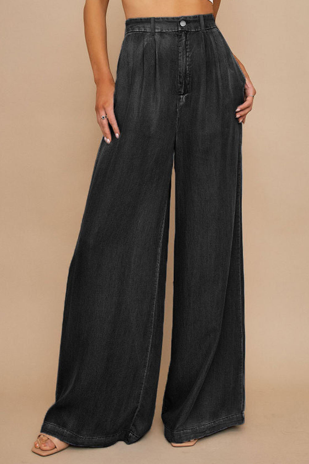 Black Tencel Wide Leg Soft Denim Pants Black 66.5%Lyocell+23.9%Polyester+8.2%Cotton+1.4%Elastane Jeans JT's Designer Fashion