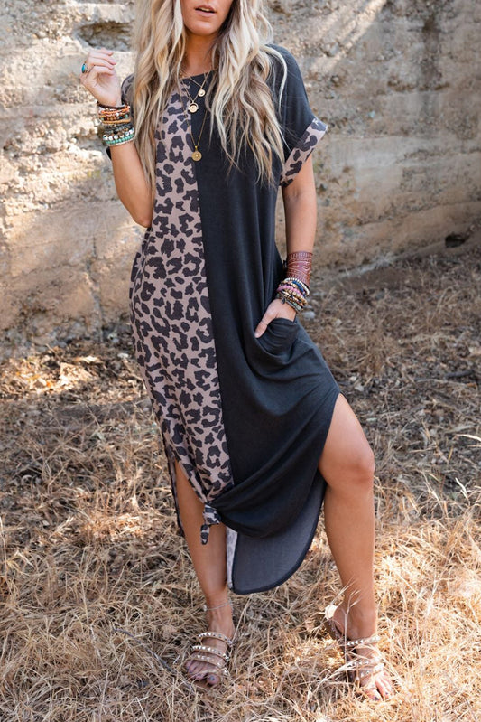 Black Contrast Solid Leopard Short Sleeve T-shirt Dress with Slits T Shirt Dresses JT's Designer Fashion