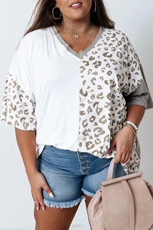 Gray Plus Size Leopard Patchwork Short Sleeve Top Plus Size Tops JT's Designer Fashion