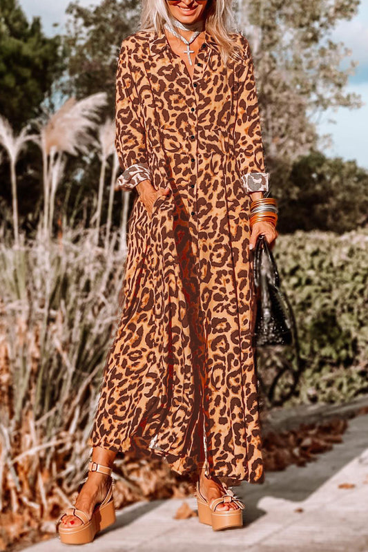 Leopard Button-Up Long Sleeve Maxi Dress Leopard 100%Polyester Maxi Dresses JT's Designer Fashion