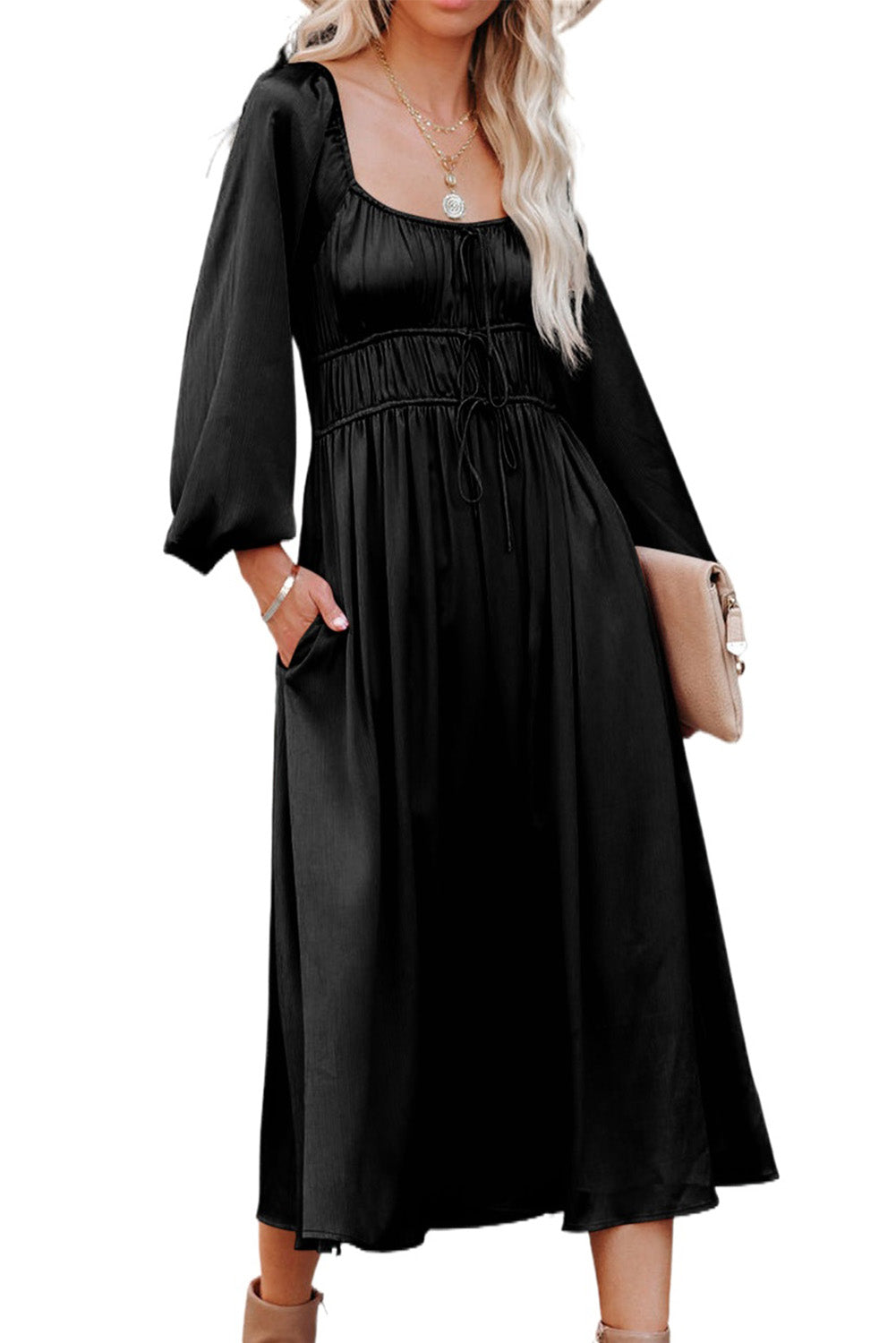 Black Satin High Waist Drawstring Flared Dress Dresses JT's Designer Fashion