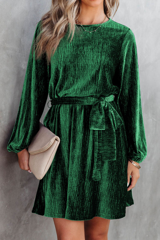Green Crinkle Velvet Tie Waist Mini Dress Dresses JT's Designer Fashion
