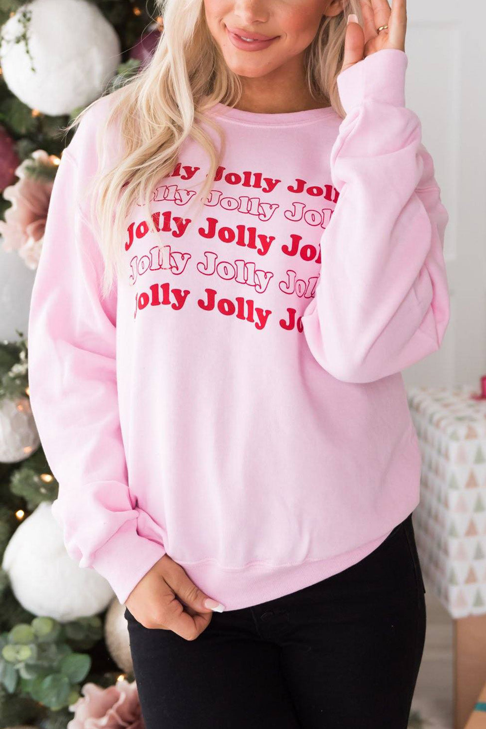 Pink Christmas Jolly Letter Print Pullover Sweatshirt Pink 70%Polyester+30%Cotton Graphic Sweatshirts JT's Designer Fashion