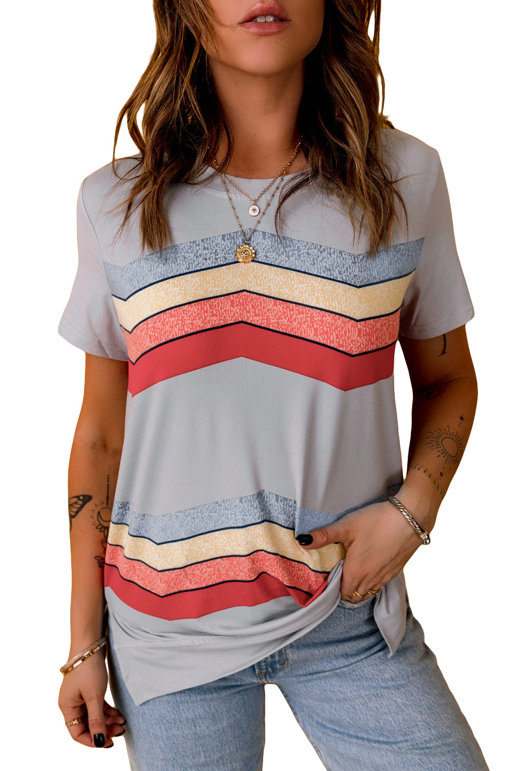 Gray Colorful Wavy Stripes Print Short Sleeve Tee Family T-shirts JT's Designer Fashion