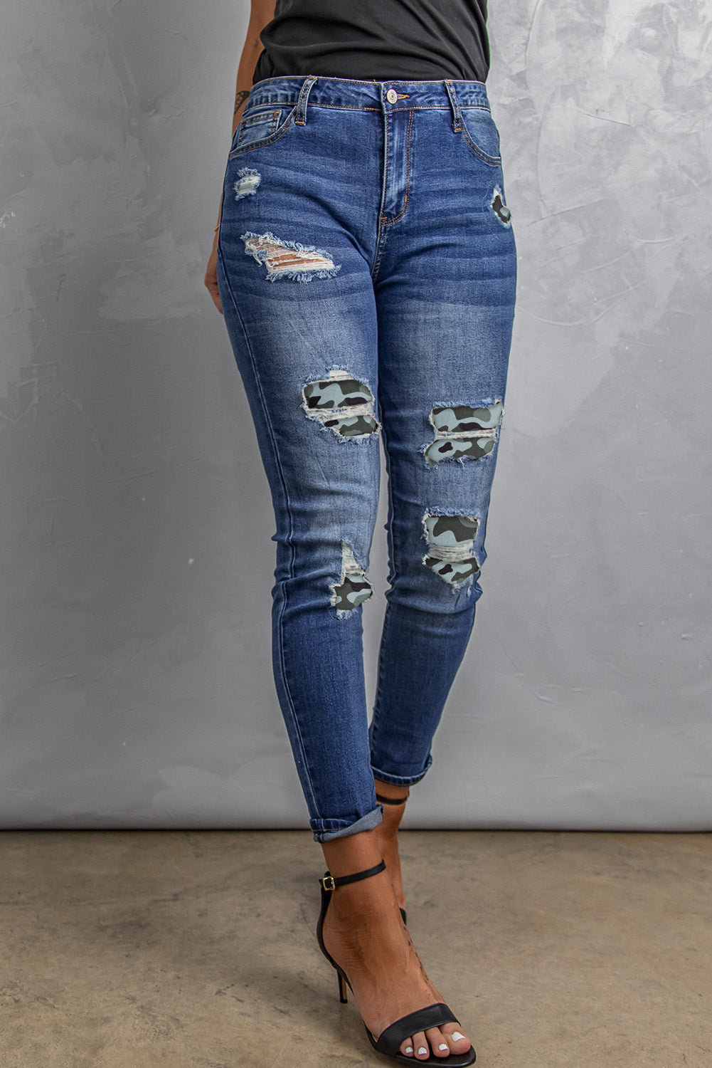 Camo Patch Destroyed Skinny Jeans Jeans JT's Designer Fashion
