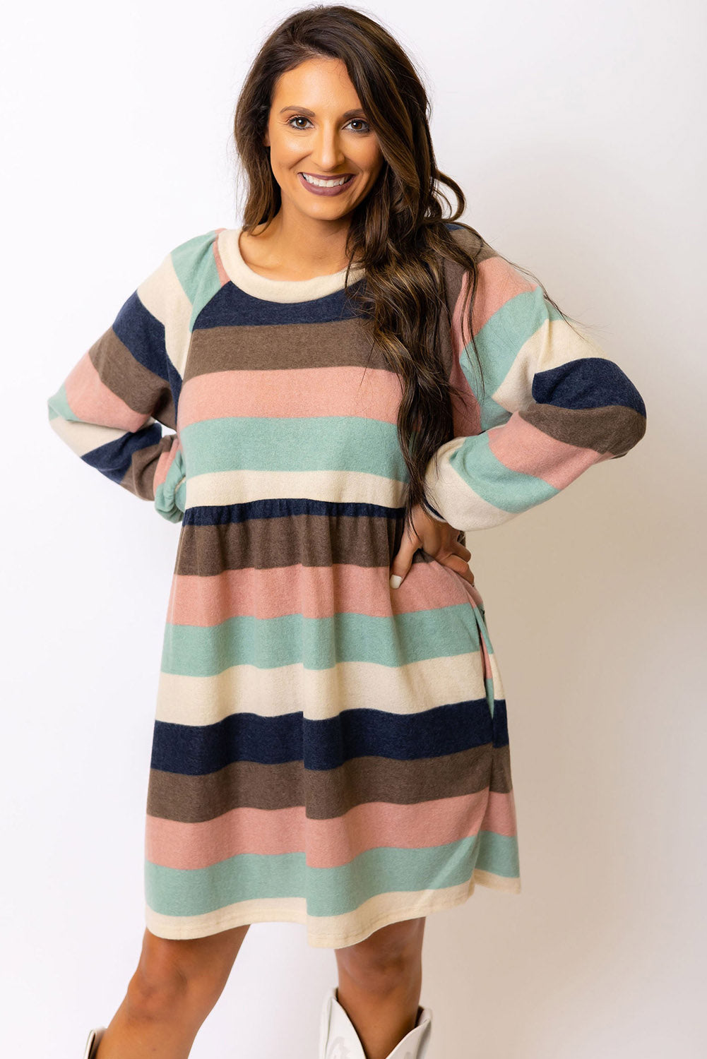 Multicolor Striped Color Block Long Sleeve Mini Dress Dresses JT's Designer Fashion