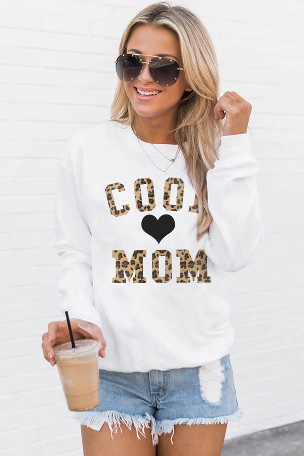 White COOL MOM Leopard Heart Print Pullover Sweatshirt Graphic Sweatshirts JT's Designer Fashion