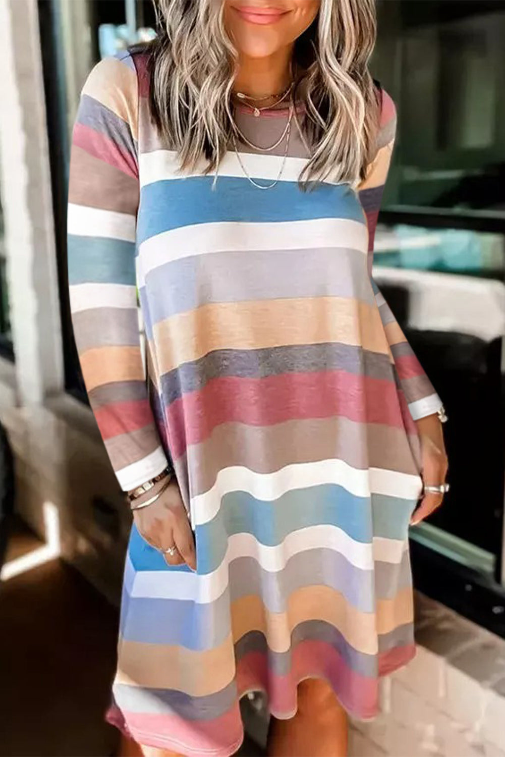 Rainbow Long Sleeve Stripes Mini Dress Mini Dresses JT's Designer Fashion
