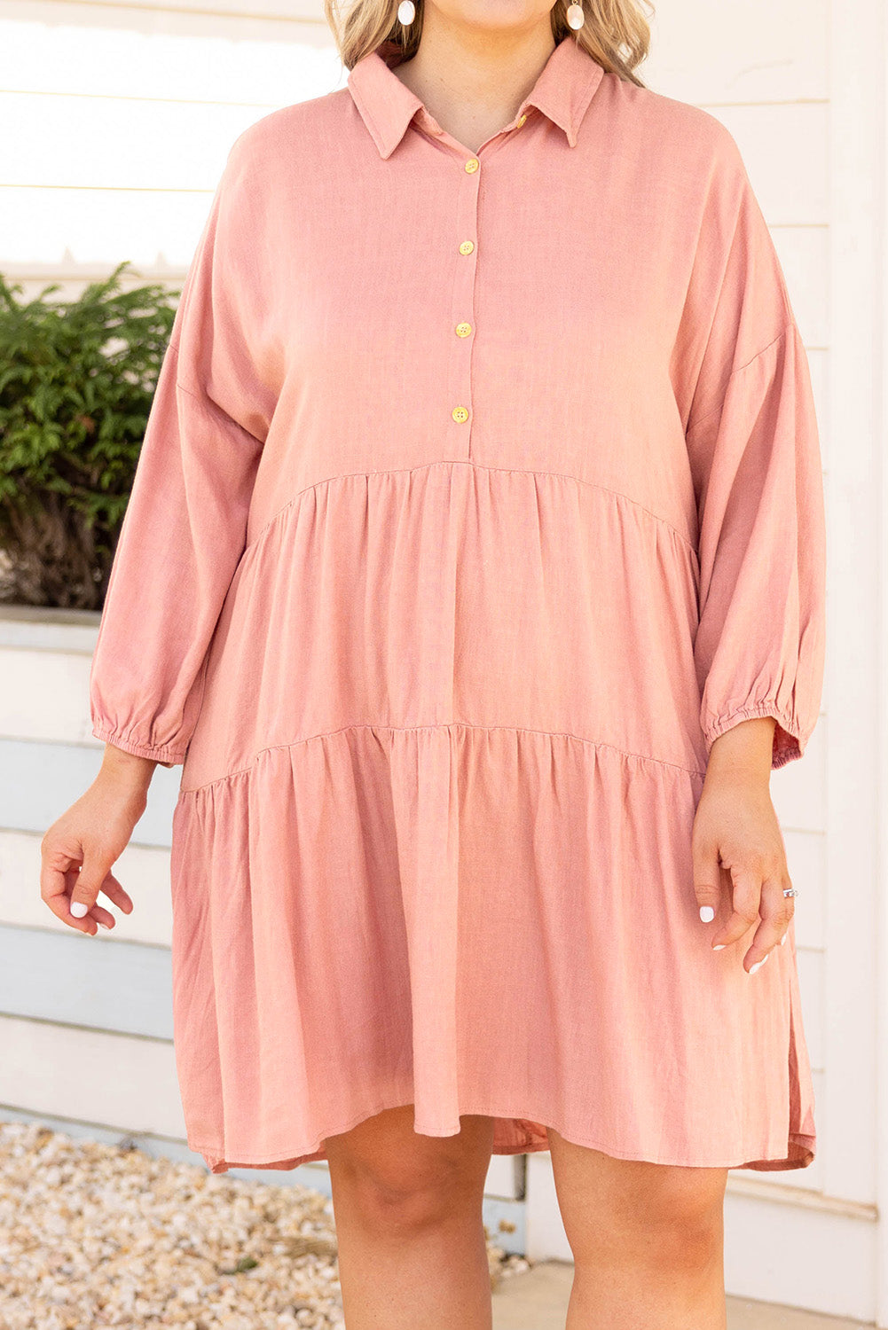 Pink Plus Size Shirt Buttoned Style Puff Sleeve Dress Plus Size Dresses JT's Designer Fashion