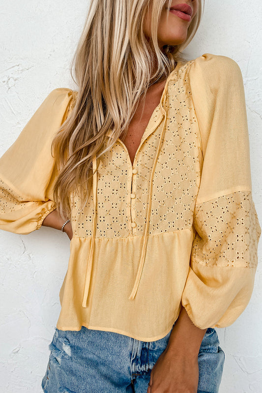 Yellow Eyelet Detail Button Notched Tie Puff Sleeve Blouse Tops & Tees JT's Designer Fashion