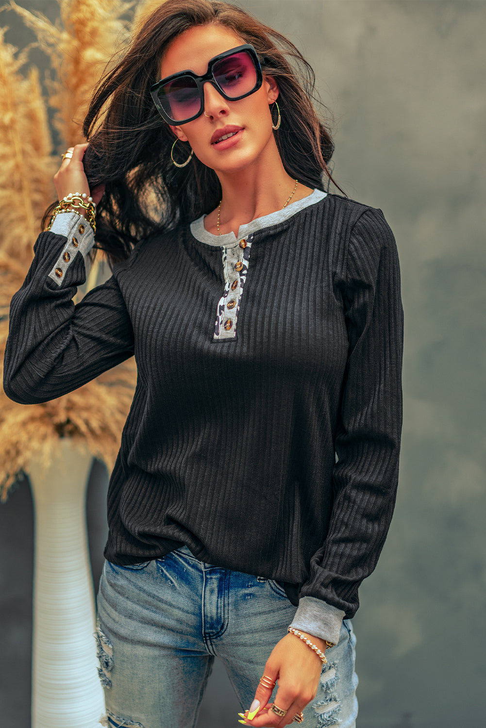 Black Contrast Neckline Ribbed Knit Henley Top Long Sleeve Tops JT's Designer Fashion