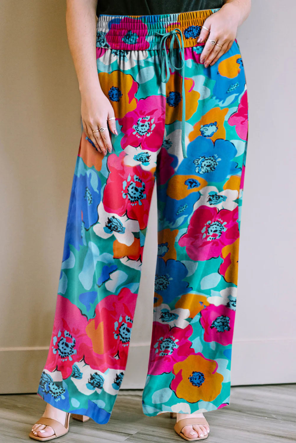 Multicolor Plus Size Abstract Floral Print Wide Leg Pants Plus Size Bottoms JT's Designer Fashion