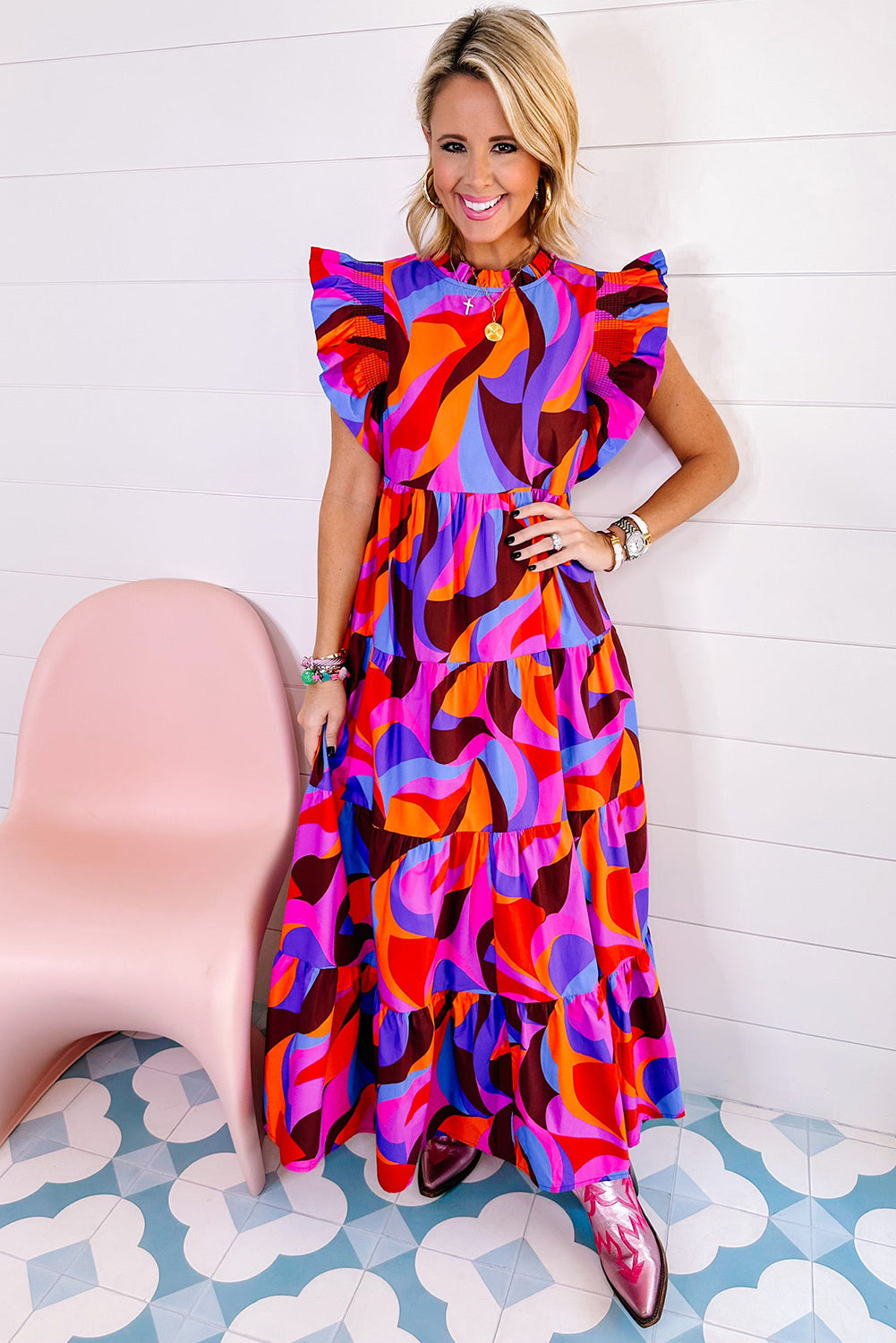 Orange Abstract Printed High Waist Ruffle Tiered Long Dress Maxi Dresses JT's Designer Fashion
