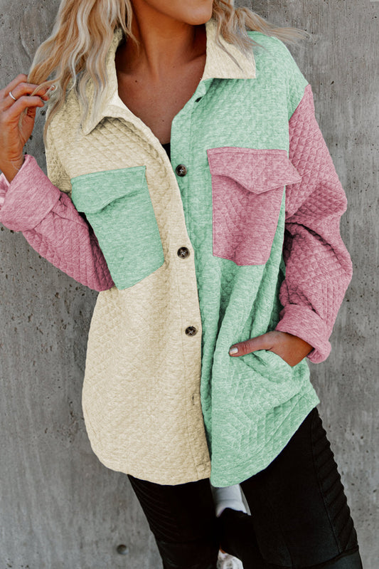 Green Textured Color Block Patchwork Flap Pocket Shacket Outerwear JT's Designer Fashion
