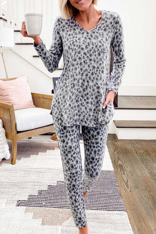 Leopard Long Sleeve Slit Top and Pants Lounge Set Loungewear JT's Designer Fashion