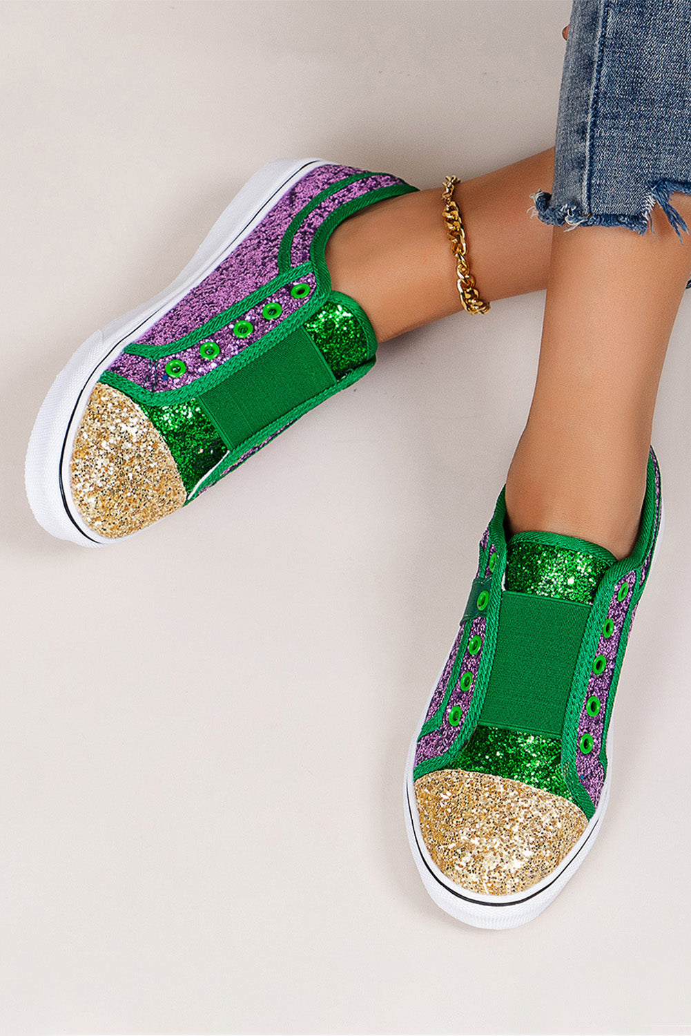 Green Sequin Color Block Slip-on Flat Shoes Women's Shoes JT's Designer Fashion